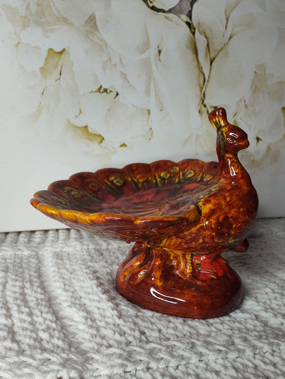 Vintage Lulu Peacock Dish Multicolor Pottery Centerpiece 1974